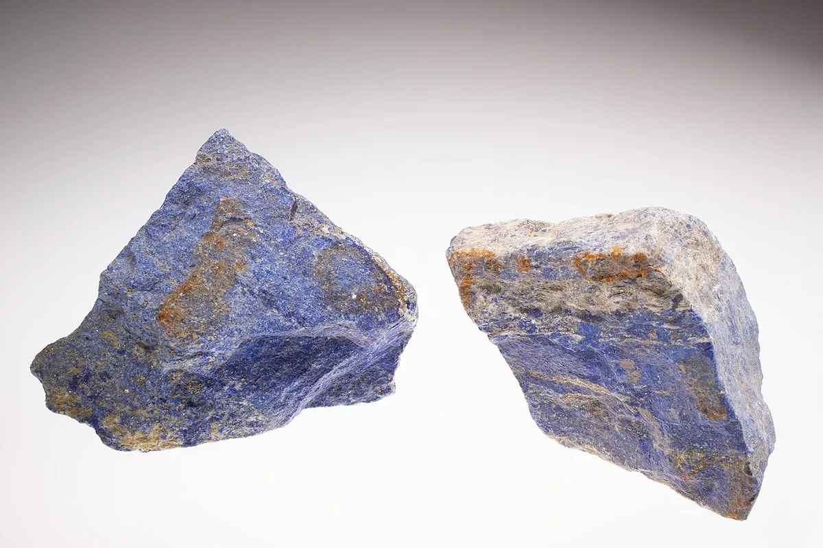 Twee ruwe brokken lapis lazuli op een witte ondergrond, diepblauw van kleur met goudkleurige spikkels pyriet en lichte aders.