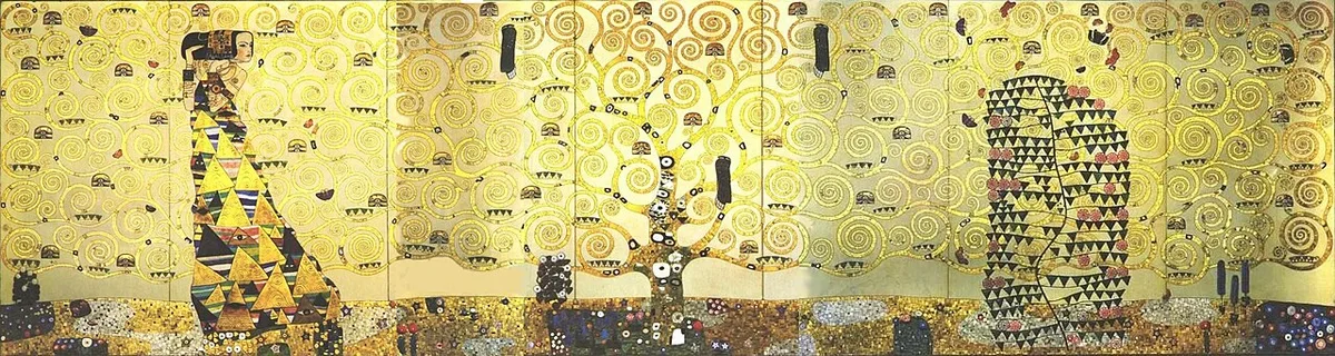 Een deel van het Stoclet-fries van Gustav Klimt: op een gouden ondergrond krult een levensboom in spiralen omhoog, met kleine bloemvormen langs de onderrand.